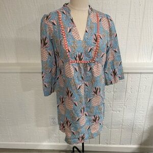 Boden Evangeline Pineapple 100% Linen Tunic Dress 3/4 Sleeves Size 6 EUC